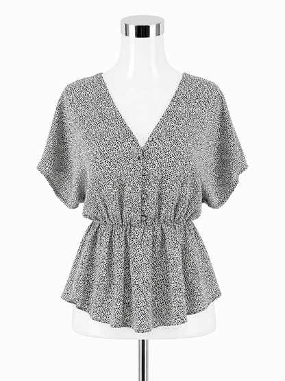 Sienna Sky Dotted Print Peplum Blouse White Black Short Sleeve Top Size Small