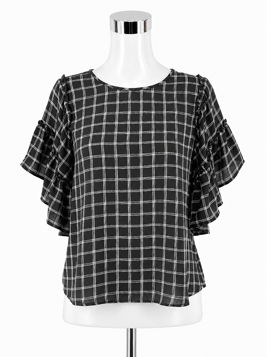 LOFT Outlet Petite Gray &amp; White Checkered Ruffle Flutter Sleeve Blouse