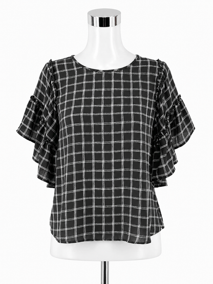 LOFT Outlet Petite Gray &amp; White Checkered Ruffle Flutter Sleeve Blouse