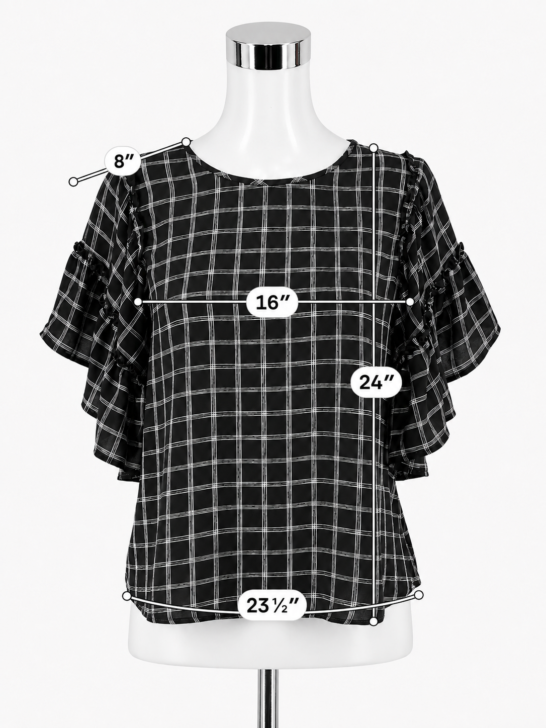 LOFT Outlet Petite Gray &amp; White Checkered Ruffle Flutter Sleeve Blouse