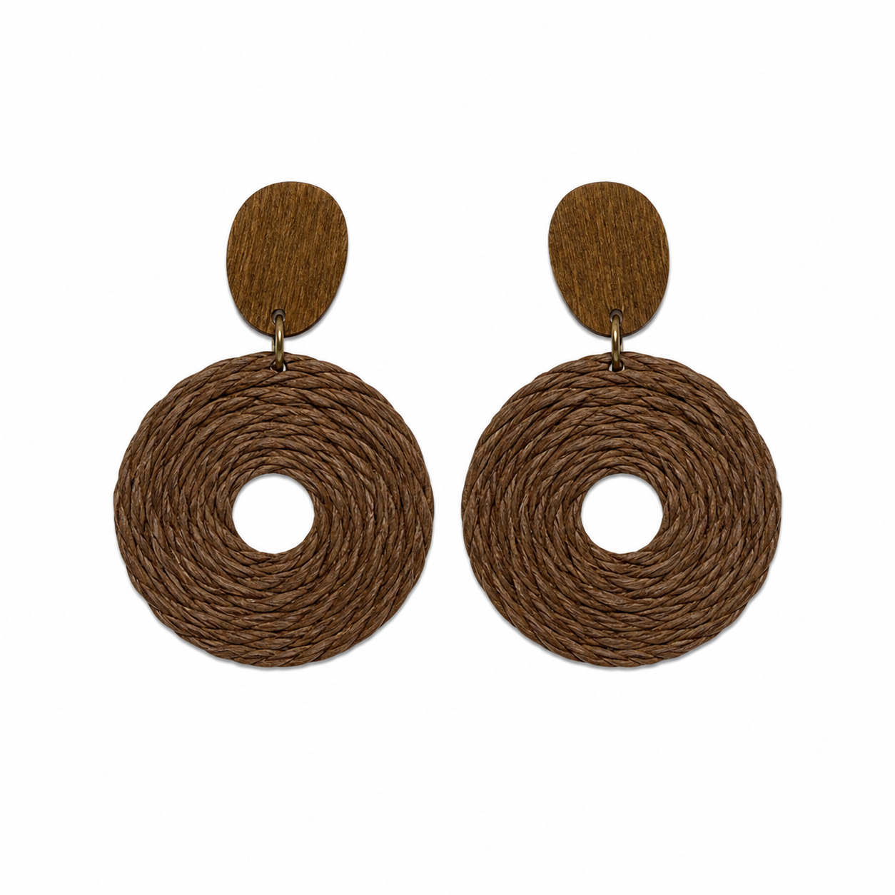 Mas Brown Woven Disc Wood Stud Drop Earrings Bohemian Natural Fiber Lightweight