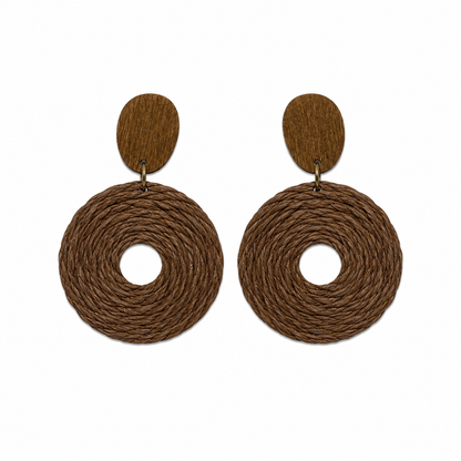 Mas Brown Woven Disc Wood Stud Drop Earrings Bohemian Natural Fiber Lightweight