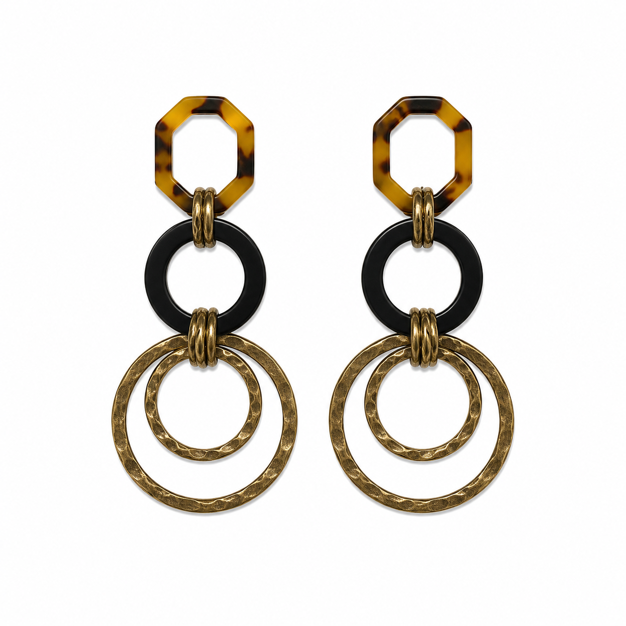 Marist Tortoiseshell Geometric Drop Earrings with Hammered Gold Rings