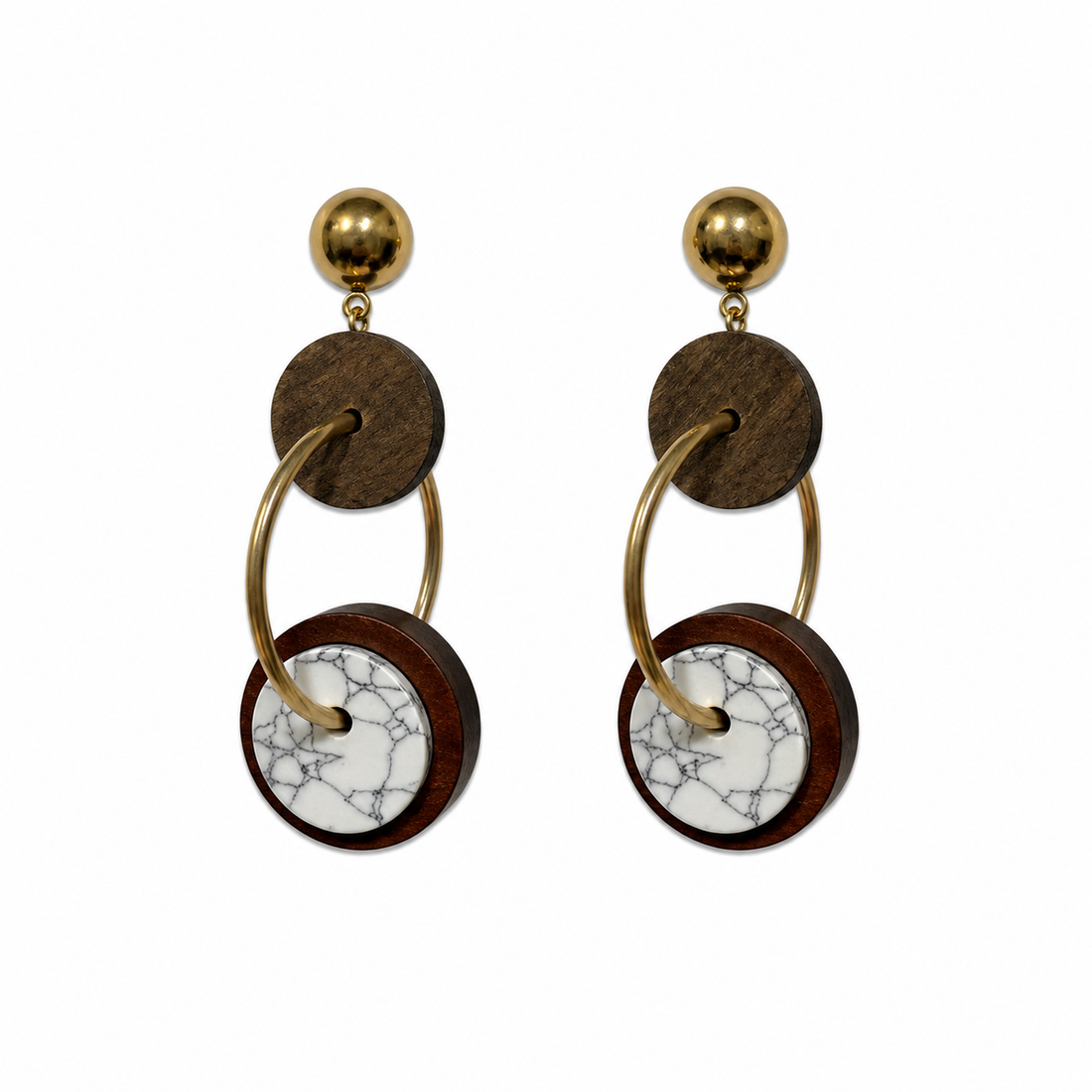 Wood and Marble Resin Geometric Statement Dangle Earrings Gold Tone