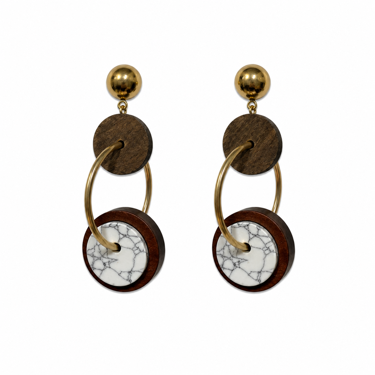 Wood and Marble Resin Geometric Statement Dangle Earrings Gold Tone