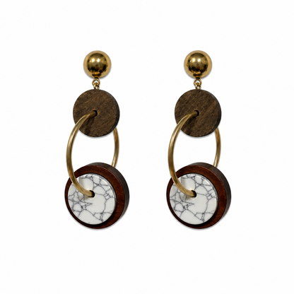 Wood and Marble Resin Geometric Statement Dangle Earrings Gold Tone