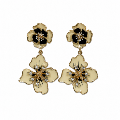 Asgarst Two-Tier Floral Statement Earrings Ivory Enamel &amp; Rhinestone Drop