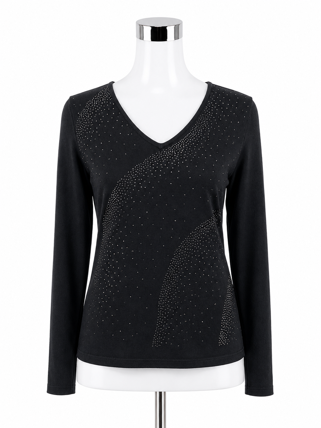 Rafaella Petites Black Sparkle Rhinestone V-Neck Sweater Top Size MP