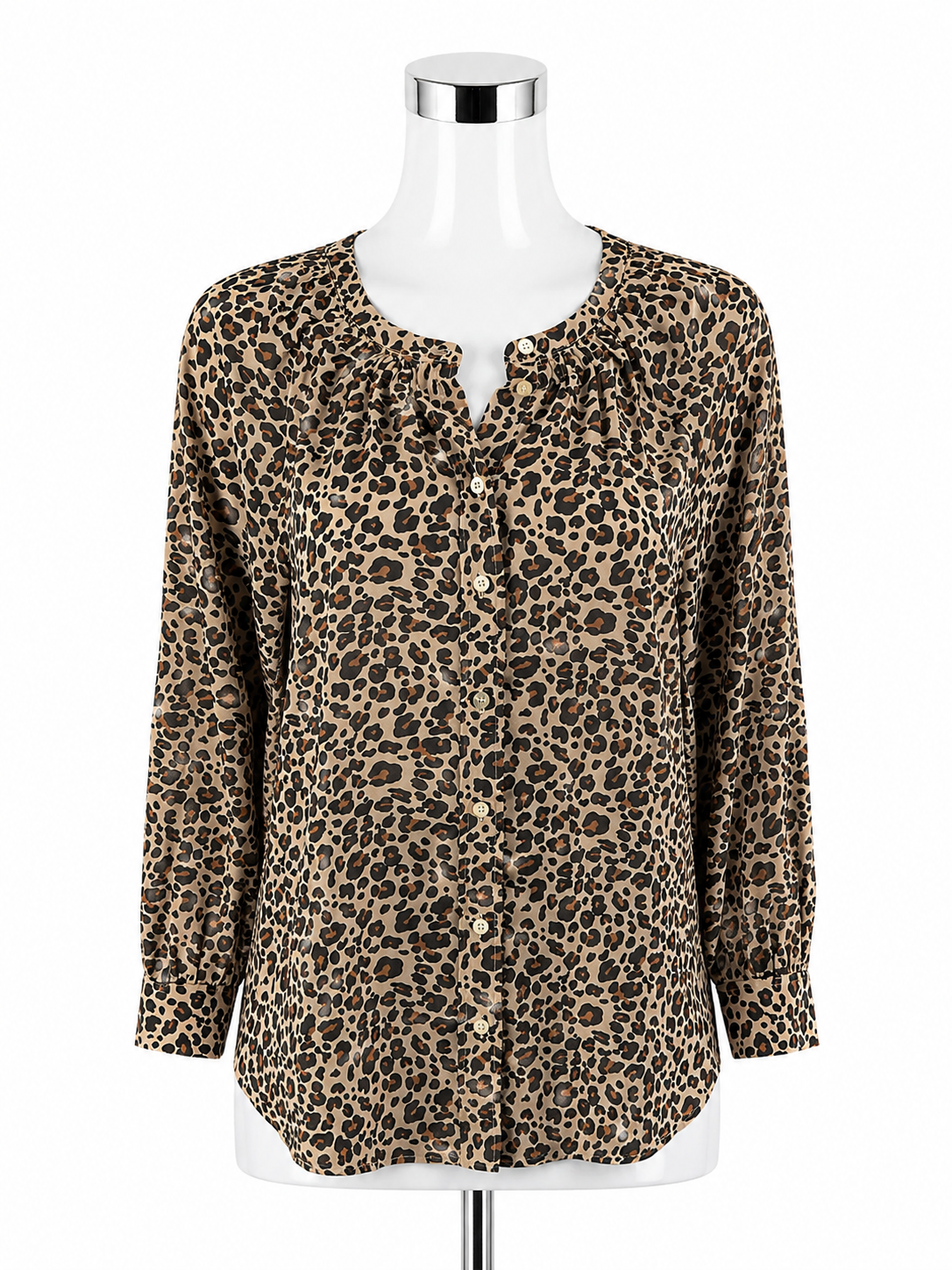 LOFT Petites Leopard Print Shirred Blouse Tan Brown Animal Print Top Size MP