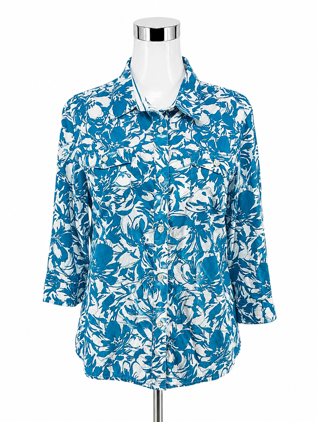 Jones New York Signature Petite Floral Roll-Tab Button Up Blouse Size PL
