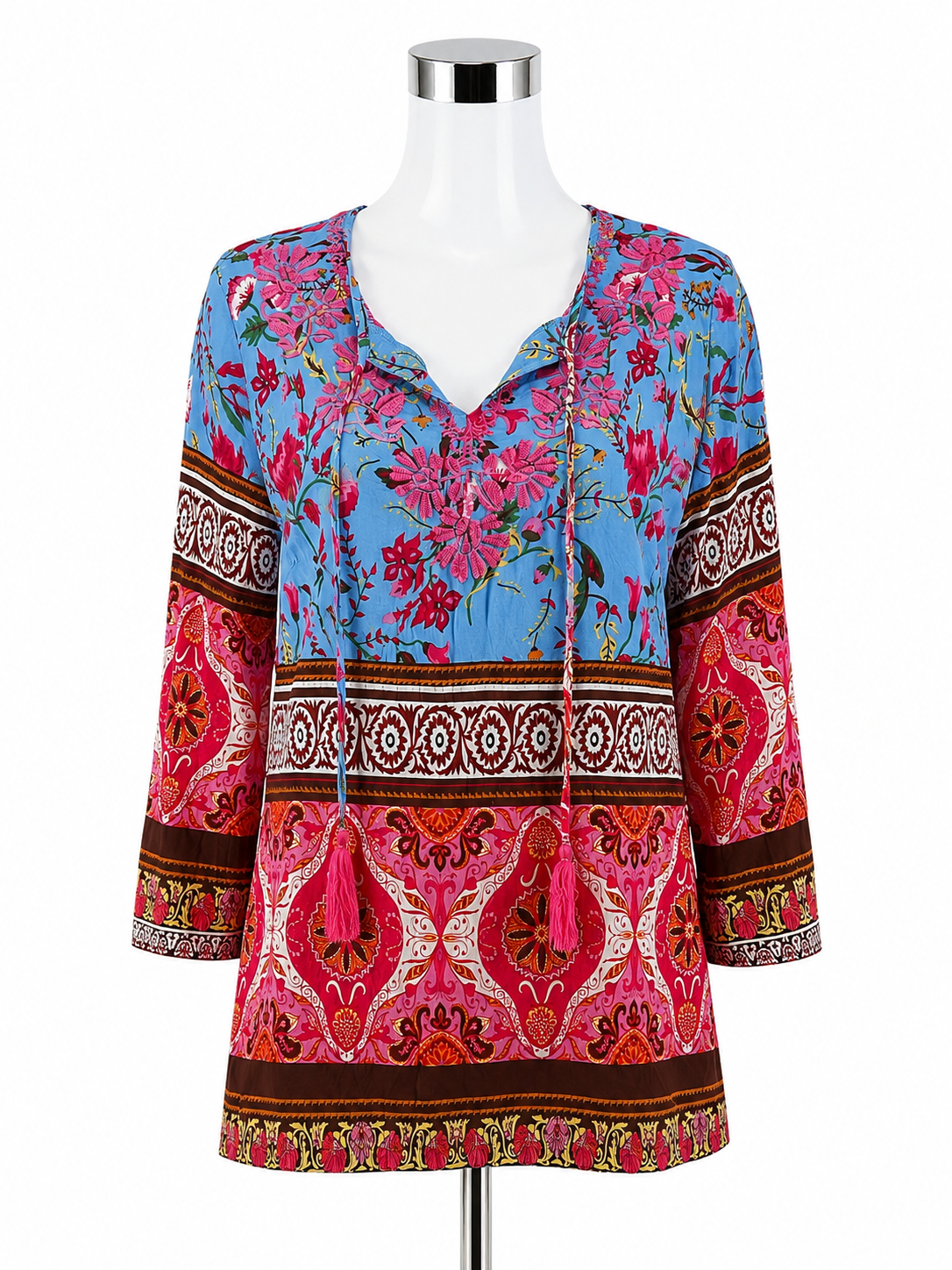 Aziza Blue Pink Floral Tassel Tie Bohemian Tunic Top Size Large