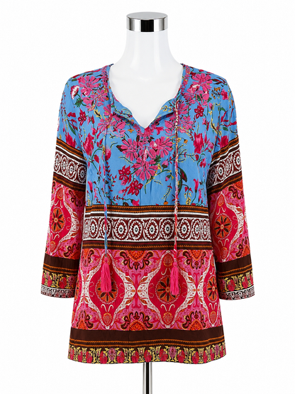 Aziza Blue Pink Floral Tassel Tie Bohemian Tunic Top Size Large