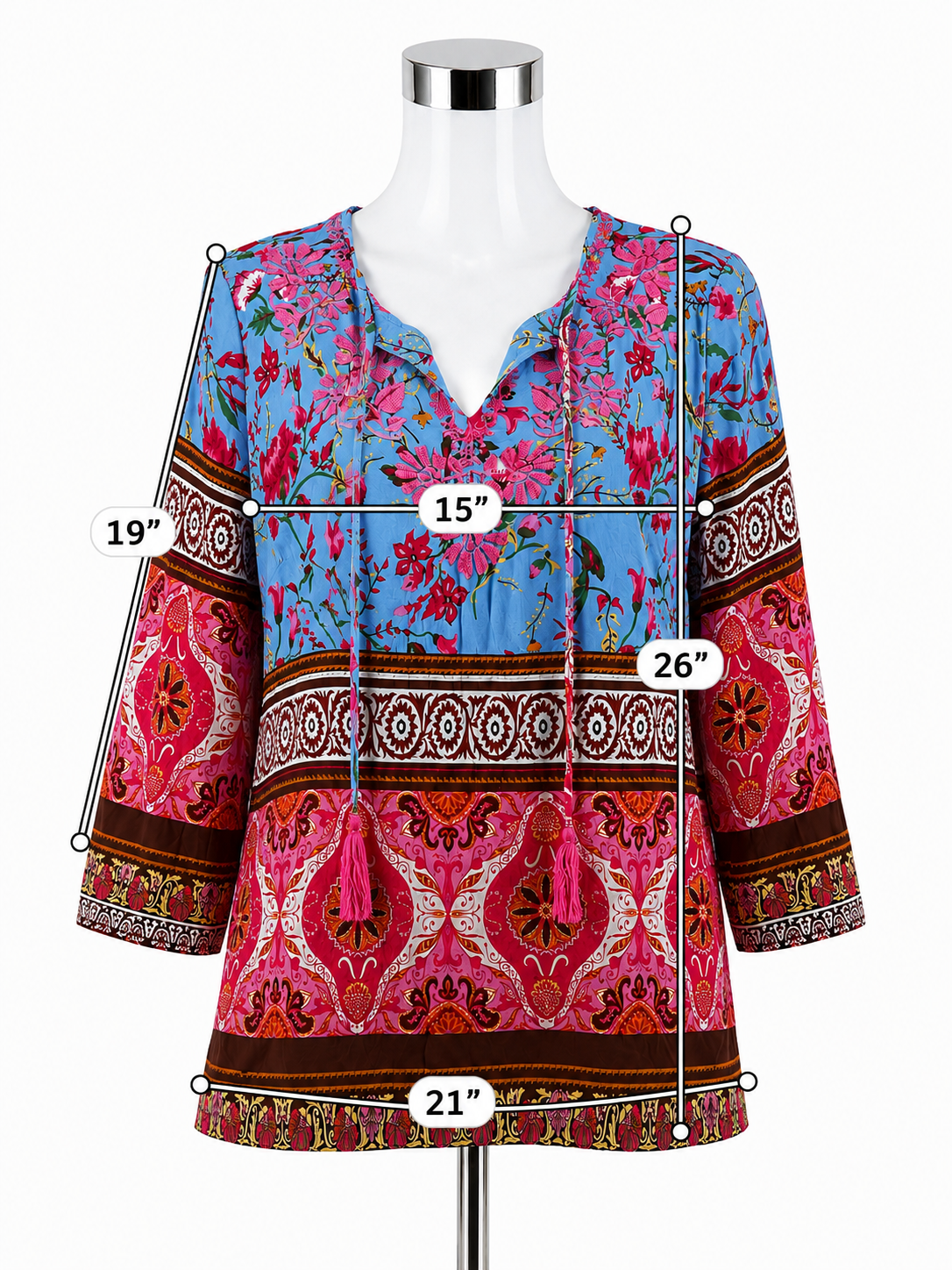 Aziza Blue Pink Floral Tassel Tie Bohemian Tunic Top Size Large