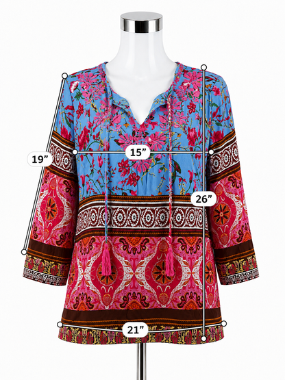 Aziza Blue Pink Floral Tassel Tie Bohemian Tunic Top Size Large