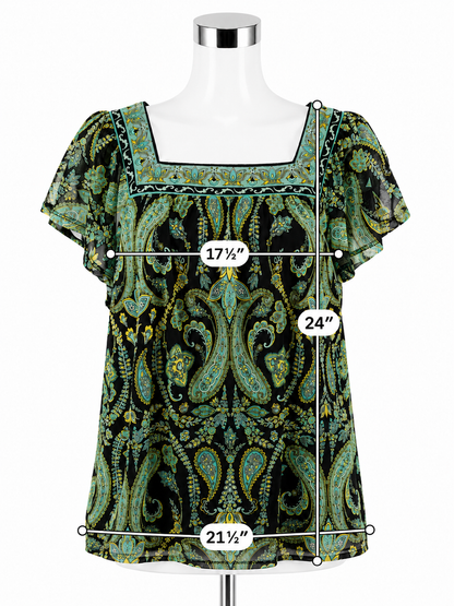 Apt. 9 Petite Large Paisley Embroidered Flutter Sleeve Blouse Black Turquoise