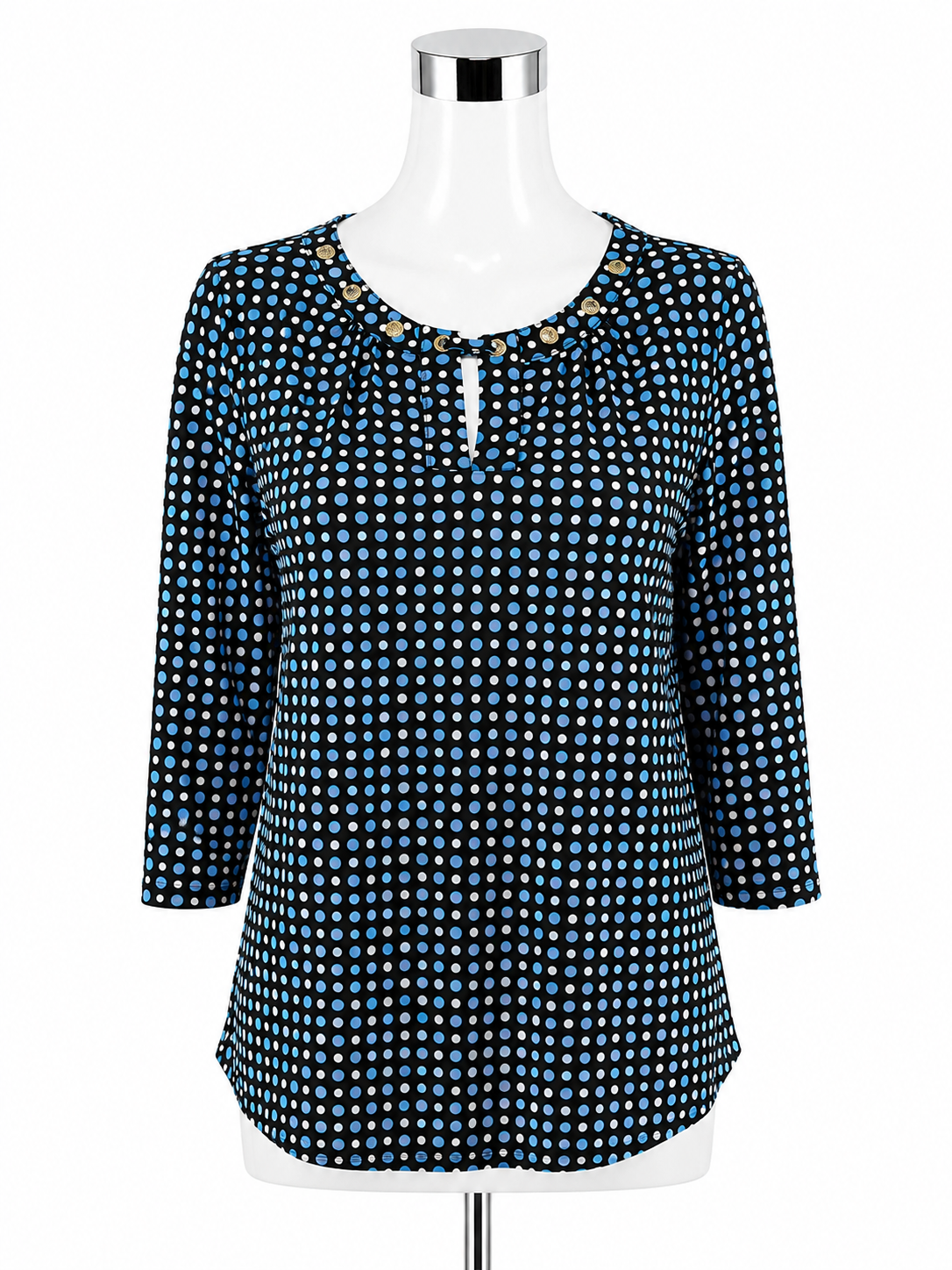 Notations Polka Dot Grommet Tie-Neck Top Size Petite Medium Black Blue