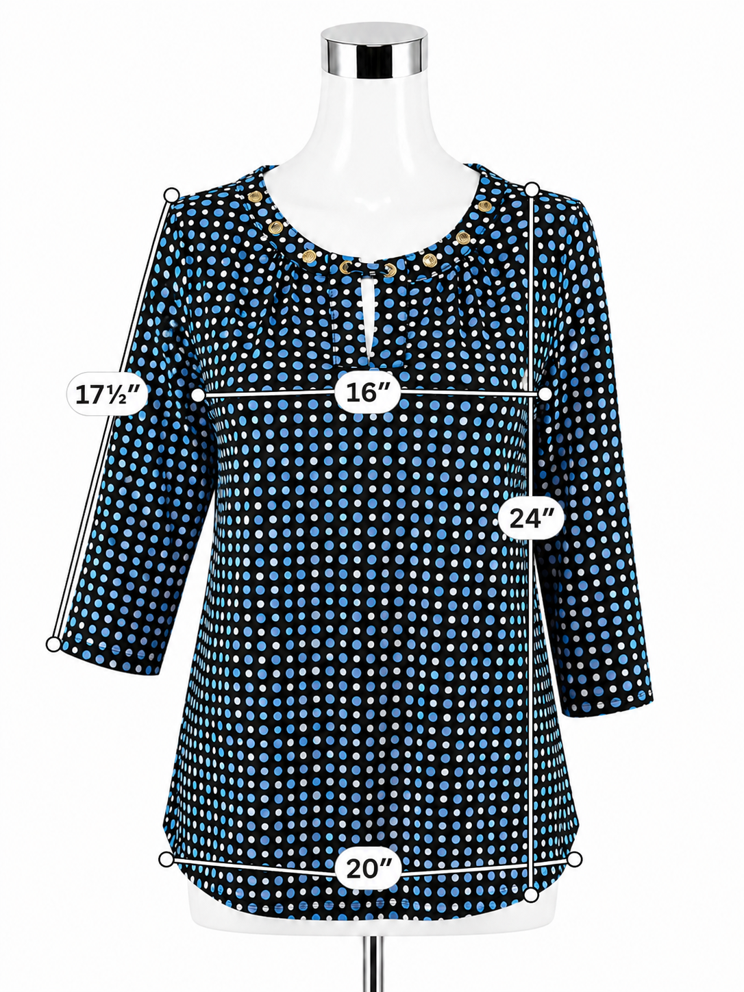 Notations Polka Dot Grommet Tie-Neck Top Size Petite Medium Black Blue