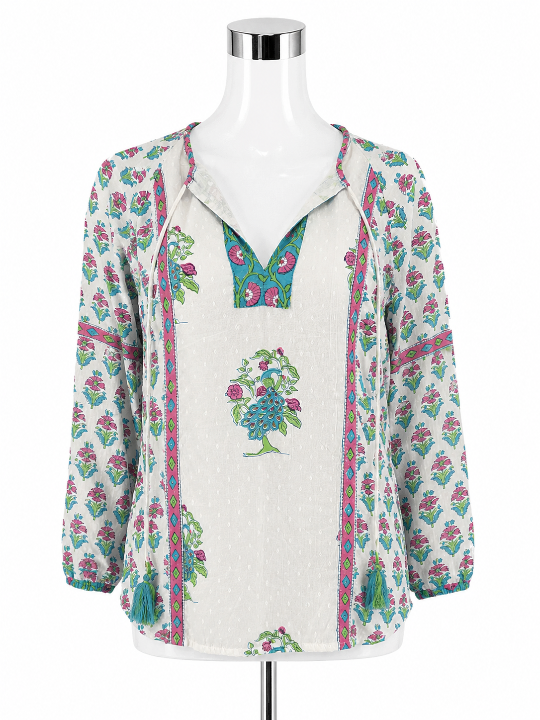 Brisara Jaipur Peacock Block Print Tunic Top XS Tassel Bohemian Cotton Blouse