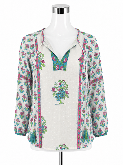 Brisara Jaipur Peacock Block Print Tunic Top XS Tassel Bohemian Cotton Blouse