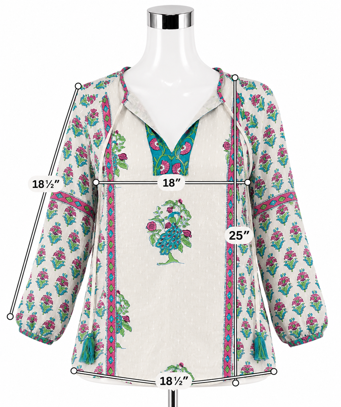 Brisara Jaipur Peacock Block Print Tunic Top XS Tassel Bohemian Cotton Blouse