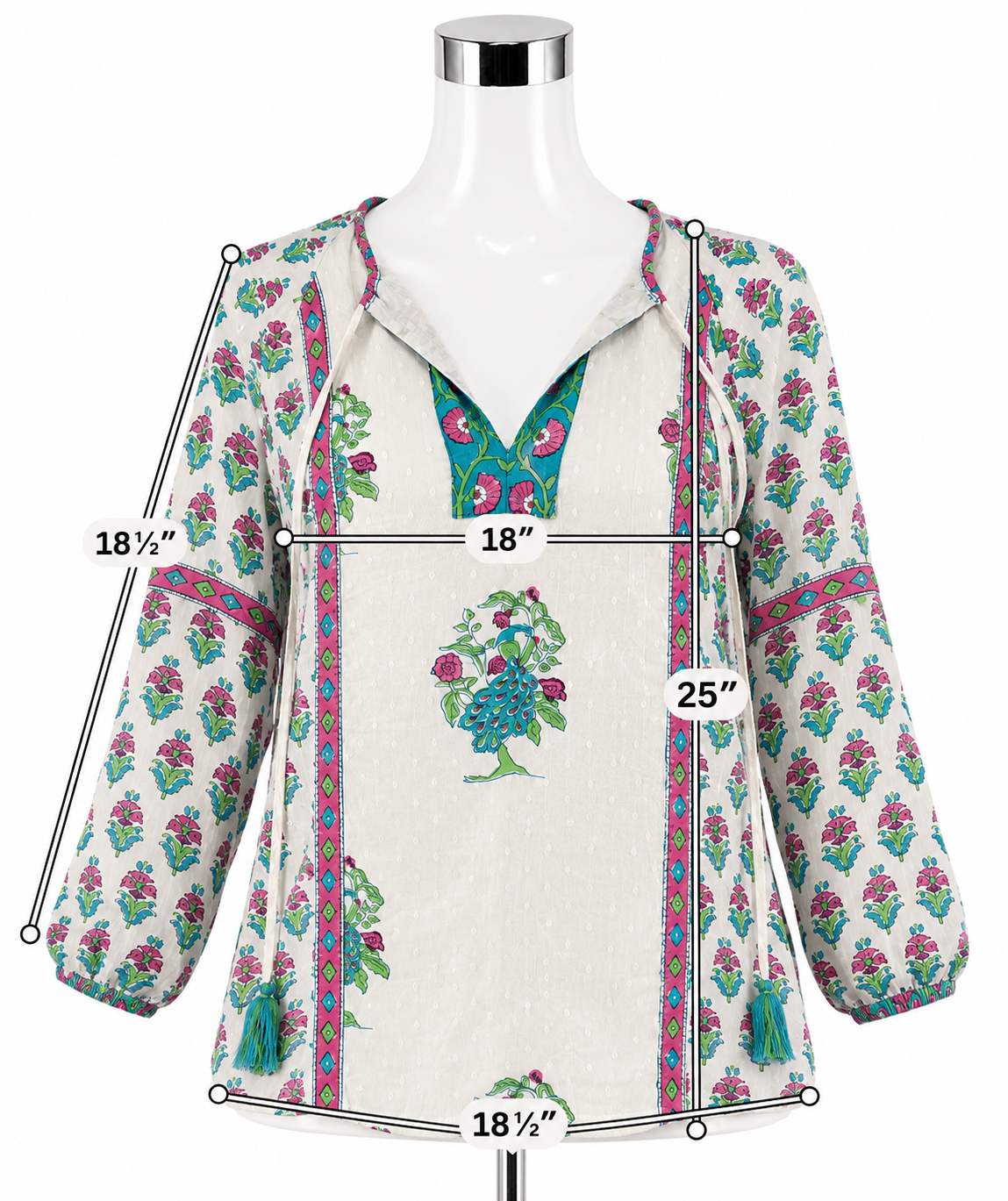 Brisara Jaipur Peacock Block Print Tunic Top XS Tassel Bohemian Cotton Blouse