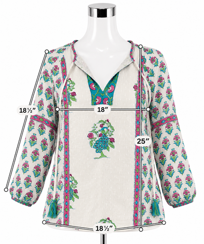 Brisara Jaipur Peacock Block Print Tunic Top XS Tassel Bohemian Cotton Blouse