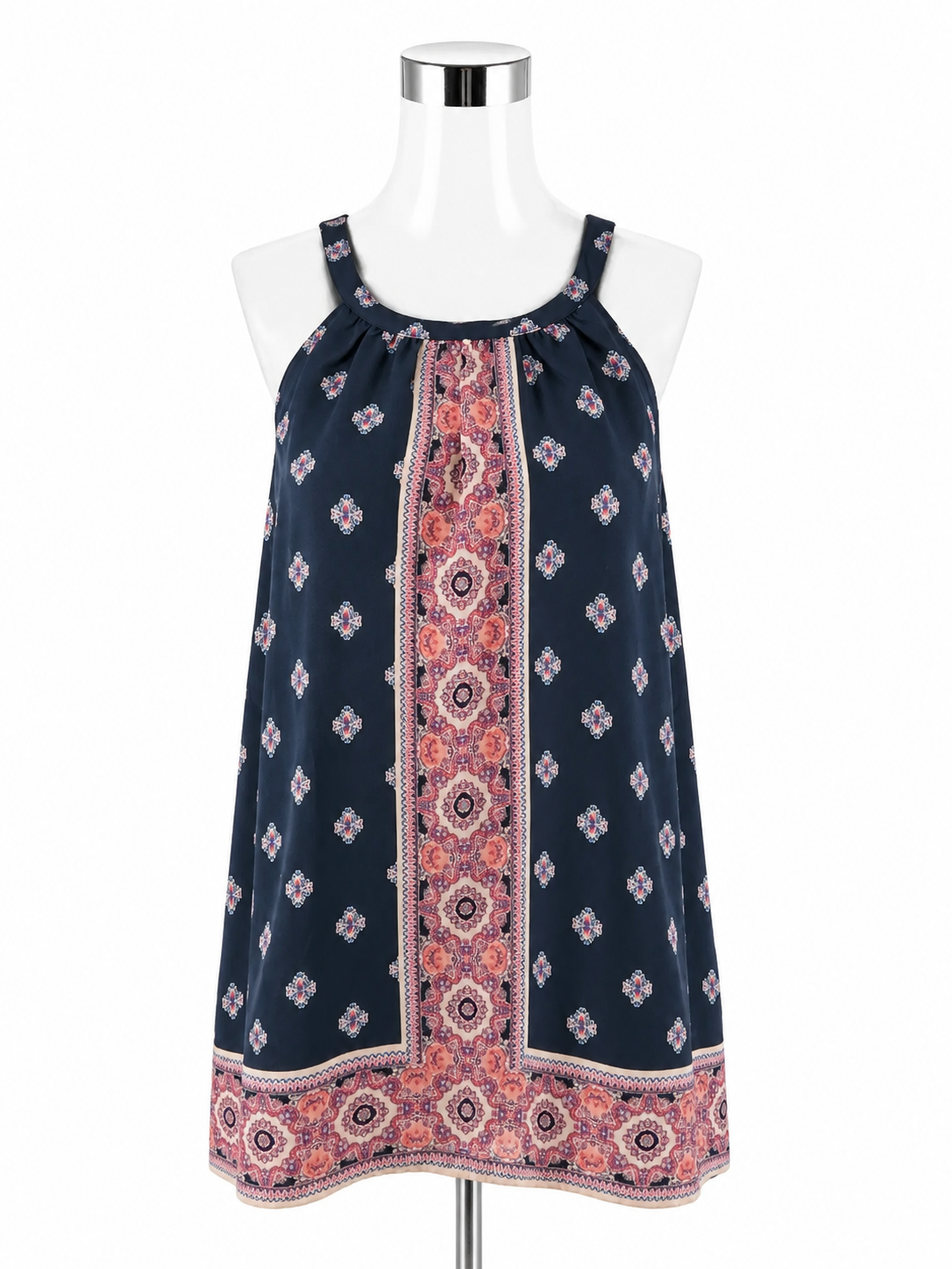 London Times Navy &amp; Pink Medallion Print Halter Top | Size XL