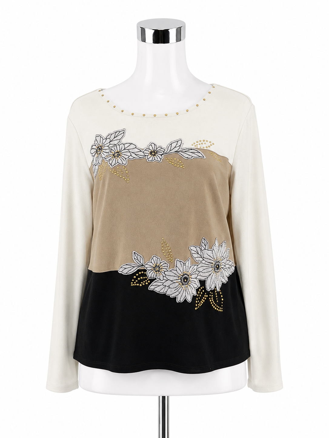 Alfred Dunner Petite Medium Floral Embroidered Color Block Top