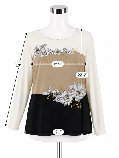 Alfred Dunner Petite Medium Floral Embroidered Color Block Top