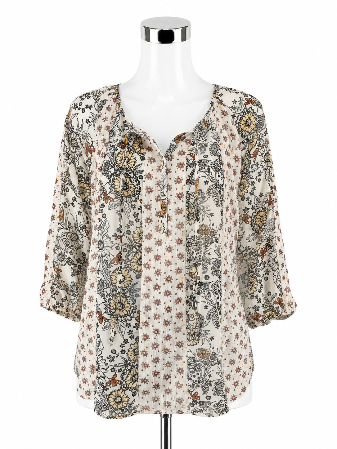 Figueroa &amp; Flower Boho Mixed Floral Print Peasant Top Tassel Tie Petite Medium