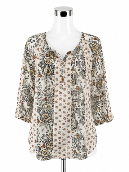 Figueroa &amp; Flower Boho Mixed Floral Print Peasant Top Tassel Tie Petite Medium