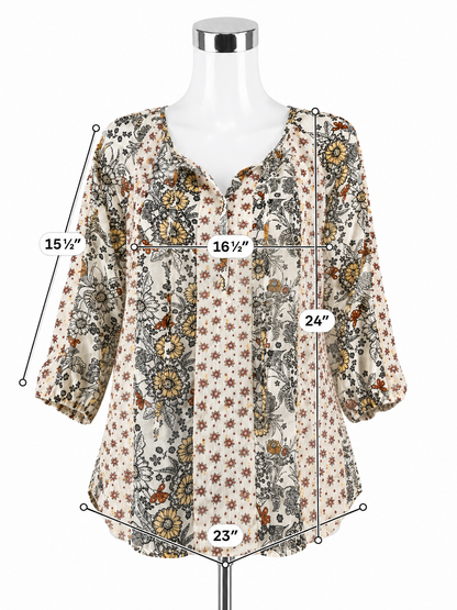 Figueroa &amp; Flower Boho Mixed Floral Print Peasant Top Tassel Tie Petite Medium