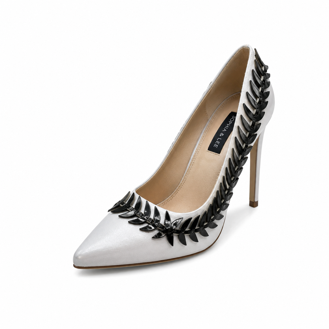 Sophia &amp; Lee Clay Pointed Toe Stiletto Heels with Leaf Chain Embellishment Size 6