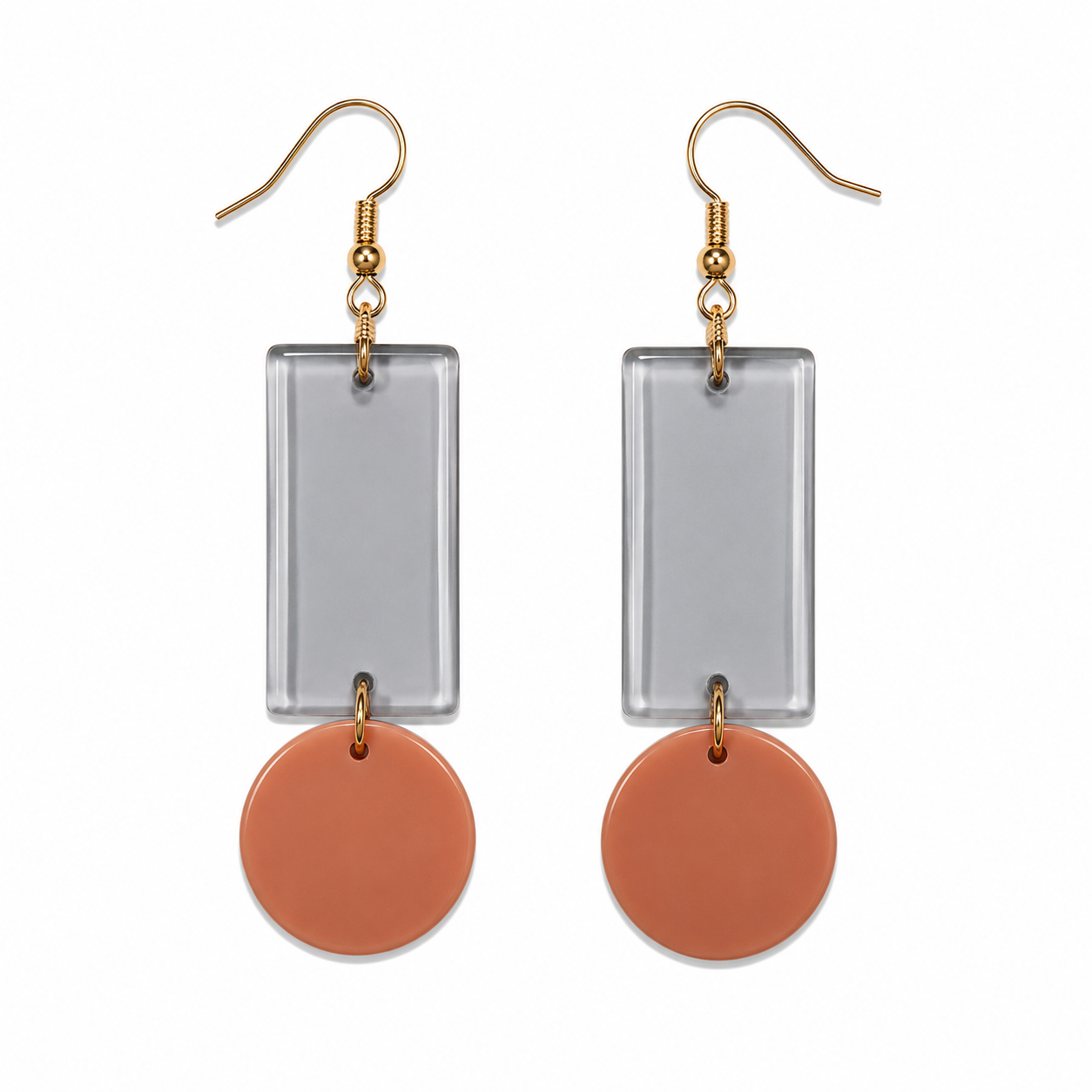 Geometric Peach &amp; Clear Acrylic Dangle Drop Earrings Gold-Tone
