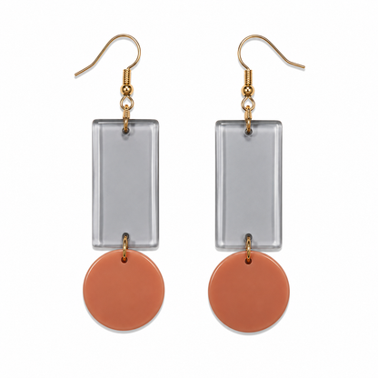 Geometric Peach &amp; Clear Acrylic Dangle Drop Earrings Gold-Tone