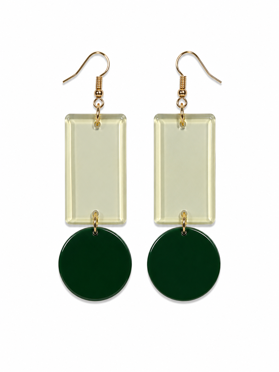 Geometric Color Block Dangle Earrings Green &amp; Clear Lucite Gold Tone