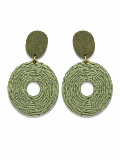 Margaux Handcrafted Woven Raffia &amp; Wood Statement Drop Earrings Sage Green Boho
