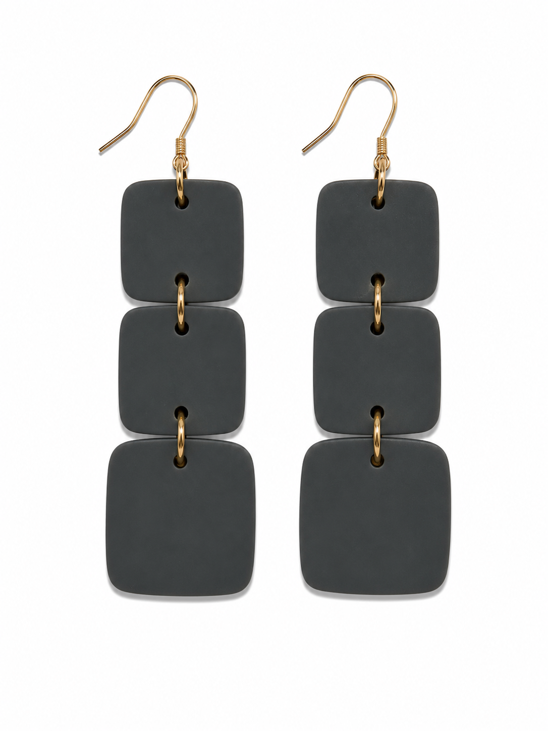 Tunies Gray Geometric Triple Square Drop Earrings Gold Tone