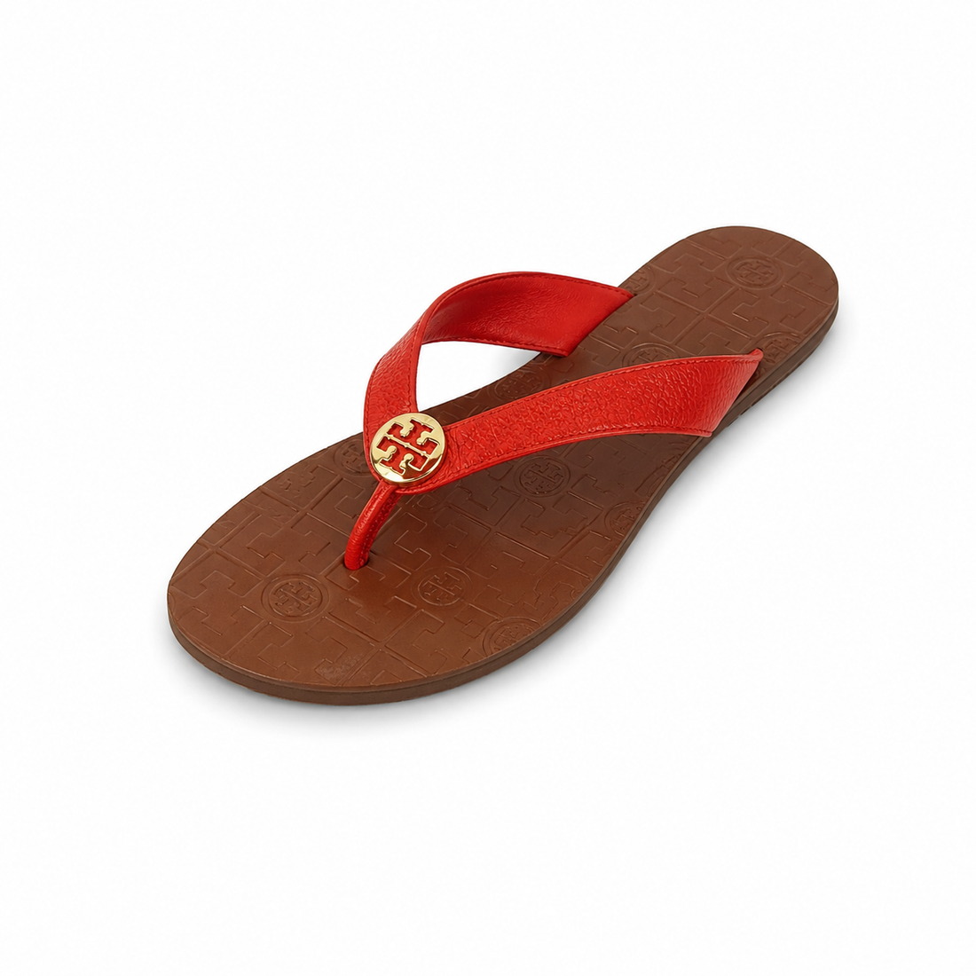 Tory Burch Miller Thong Sandal Orange Poppy Red Leather Logo Size 10
