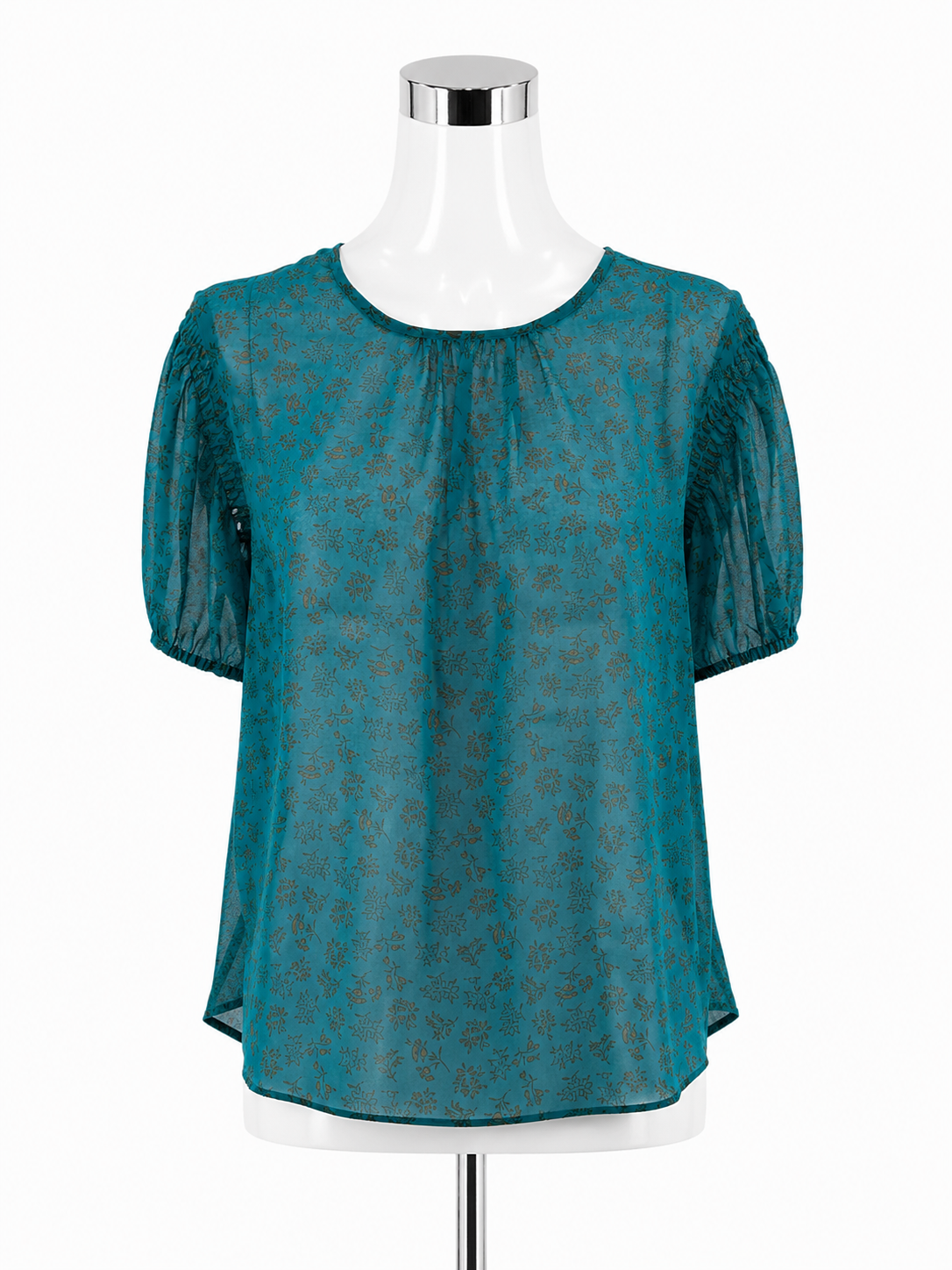 cabi Poet Blouse Teal Floral Puff Sleeve Keyhole Top Size Medium