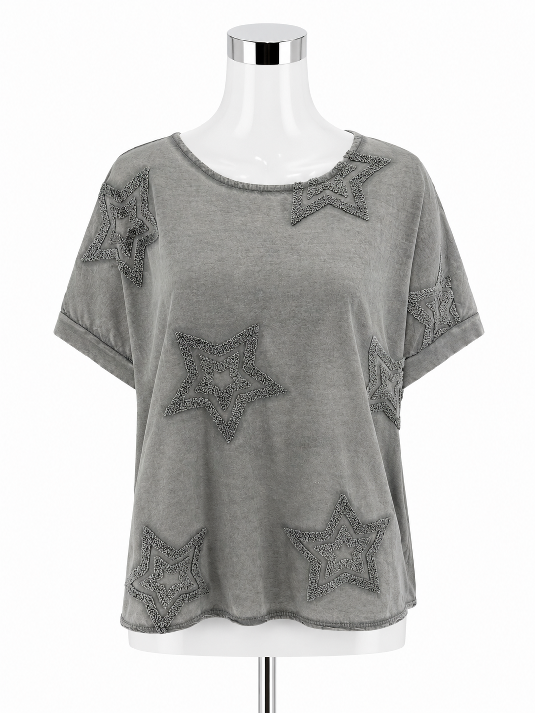 New Collection Italian Made Gray Star Appliqué Dolman Sleeve Top M/L