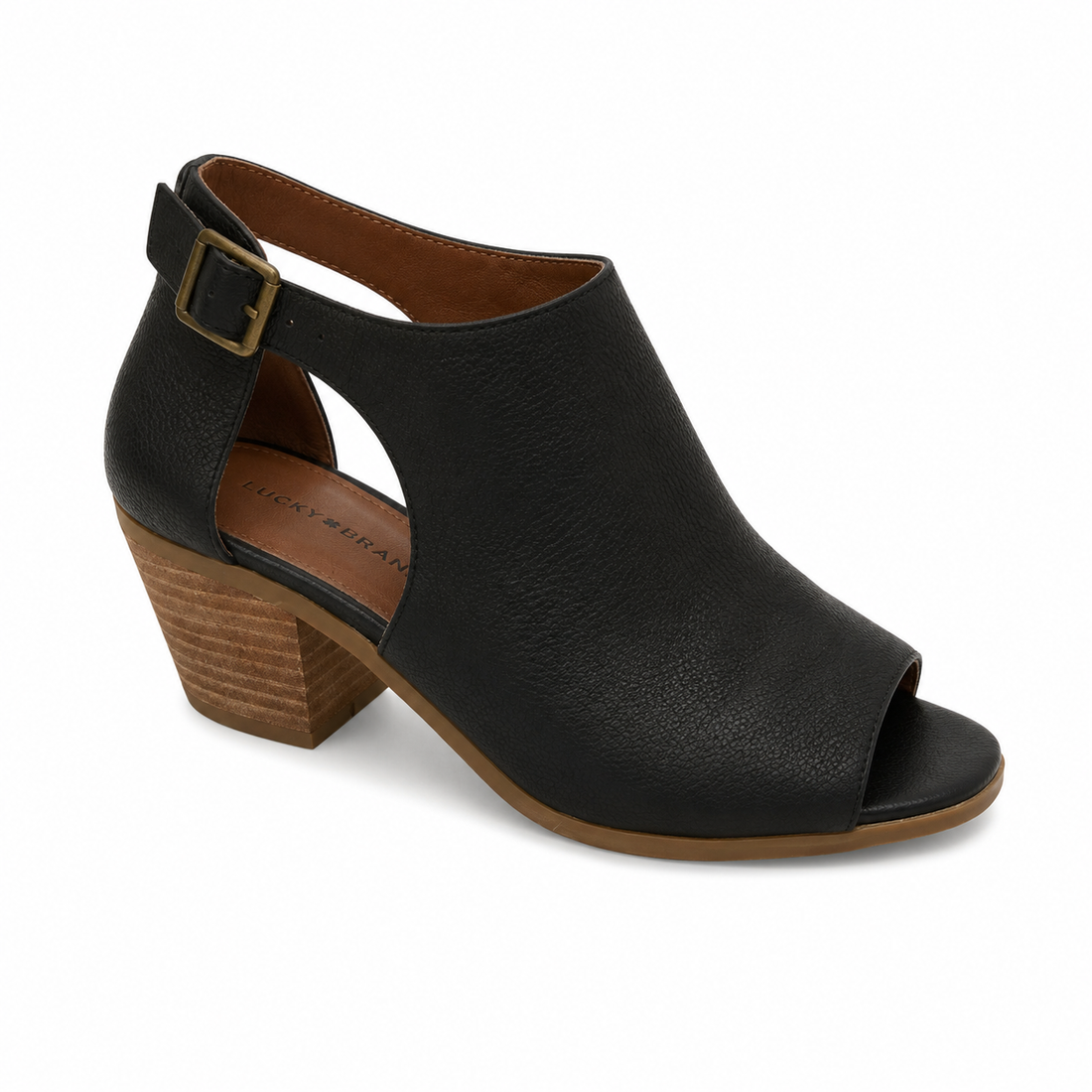 Lucky Brand Ada Peep-Toe Block Heel Booties Black Leather | Size 8M