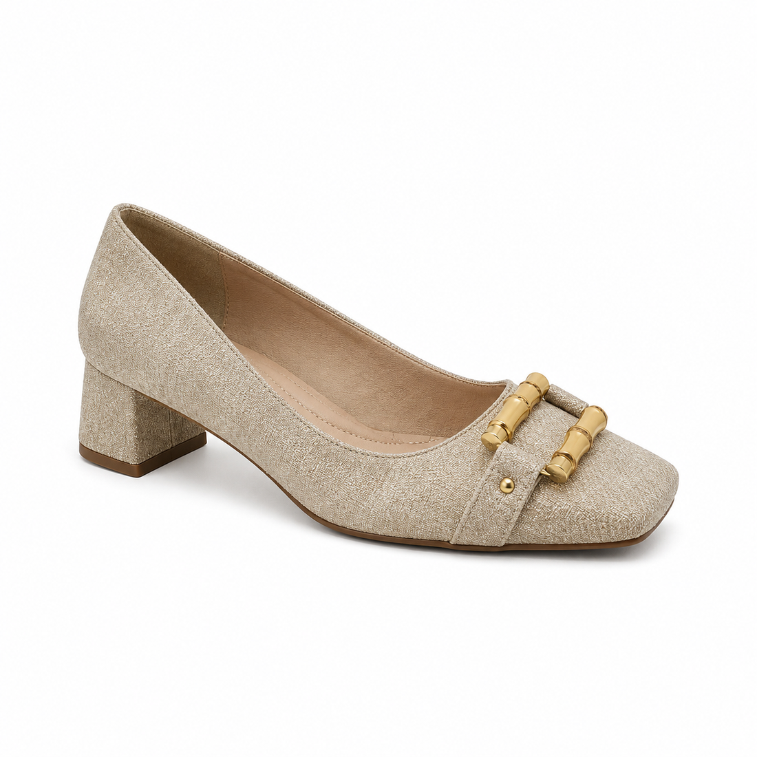 STUARTS Cream Tweed Bamboo Buckle Block Heel Pumps | Size 7.5 NWT