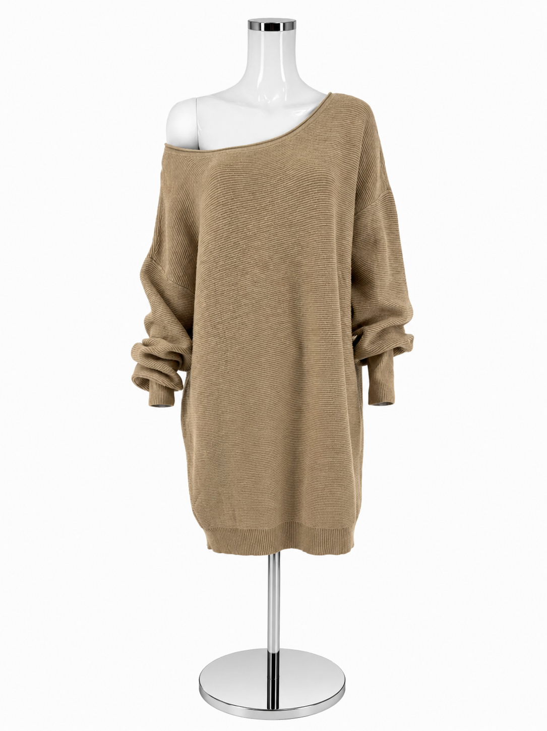 Anthropologie Tan Off-Shoulder Ribbed Knit Sweater Dress Tunic Size XL