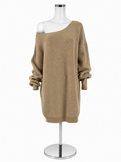 Anthropologie Tan Off-Shoulder Ribbed Knit Sweater Dress Tunic Size XL