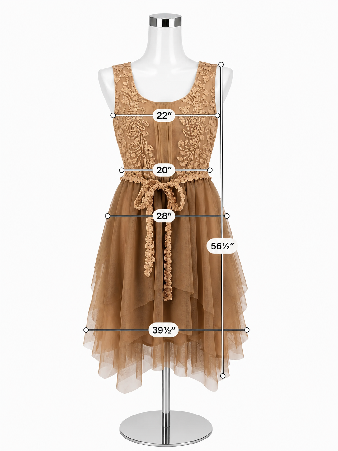 Ryu Taupe Embroidered Mesh Tiered Tulle Dress | Size Small
