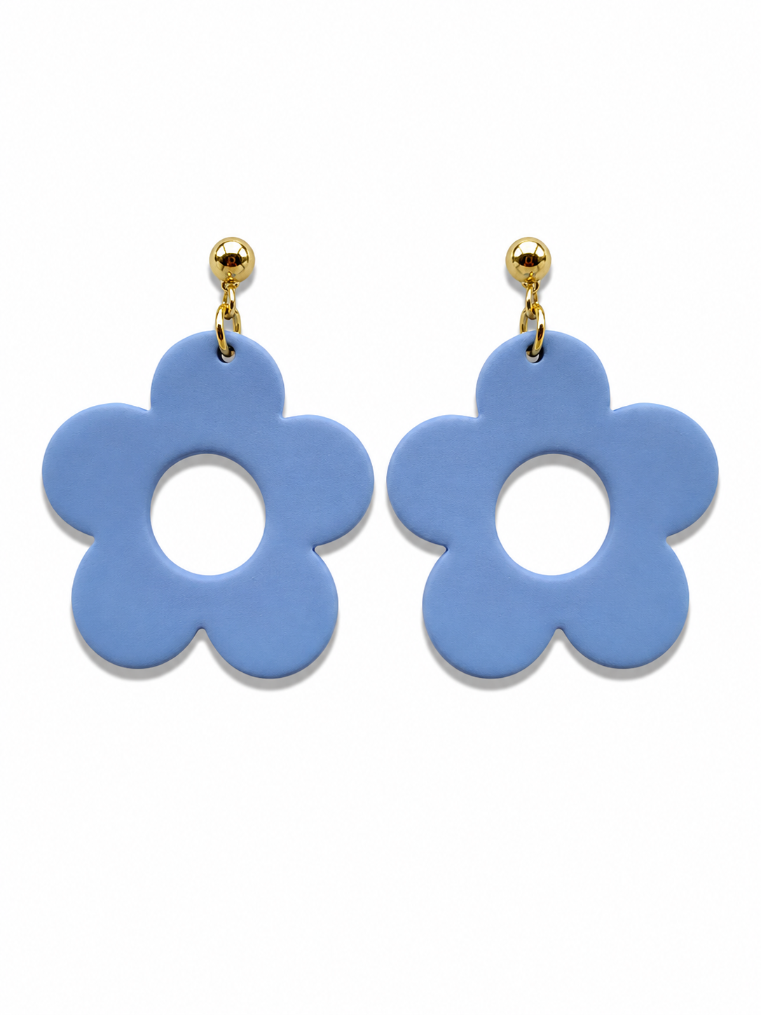Handmade Blue Flower Dangle Earrings Polymer Clay Gold Tone