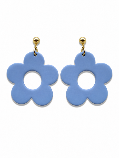 Handmade Blue Flower Dangle Earrings Polymer Clay Gold Tone