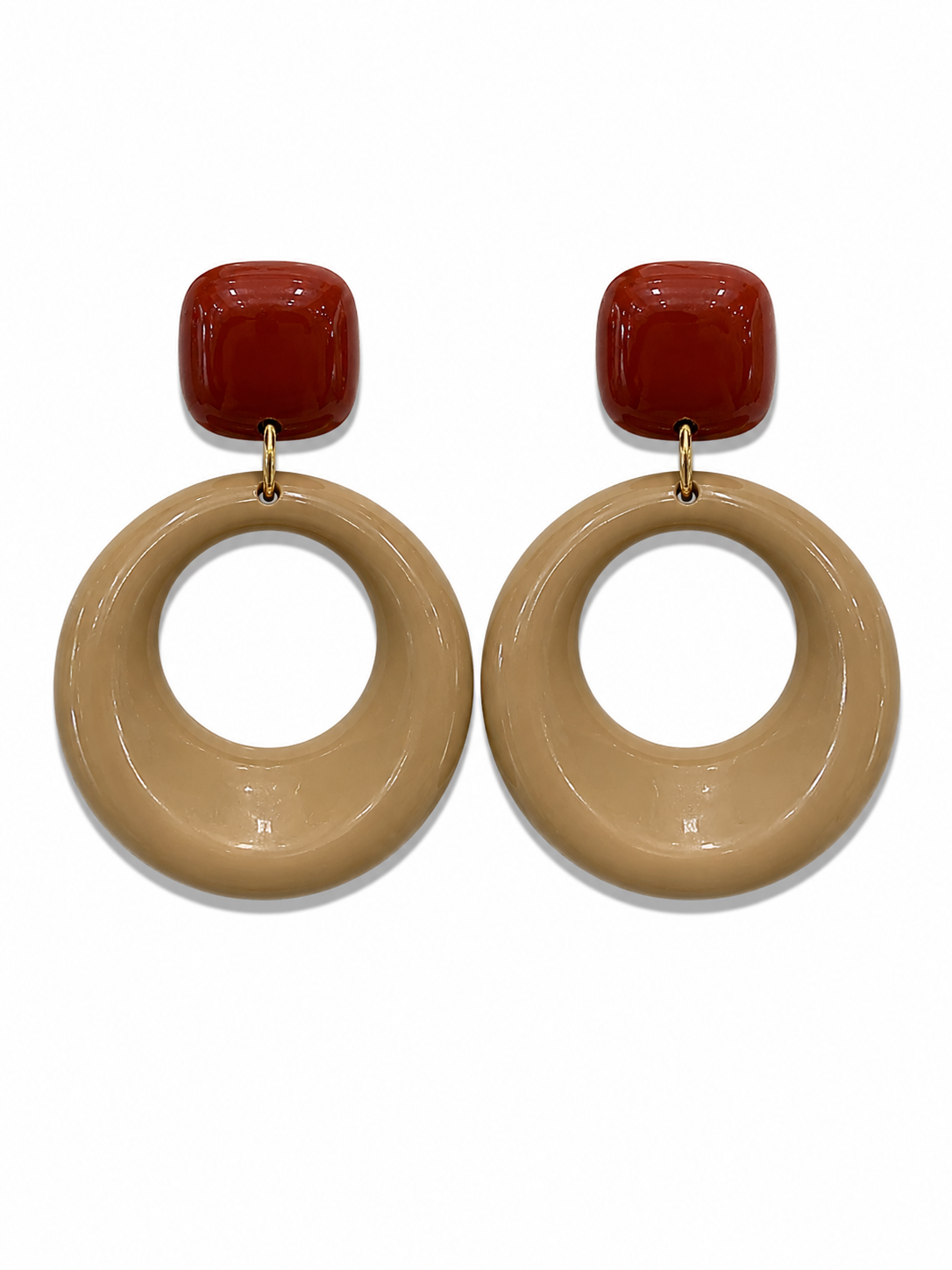 Two-Tone Resin Geometric Drop Earrings Rust &amp; Khaki Modern Statement