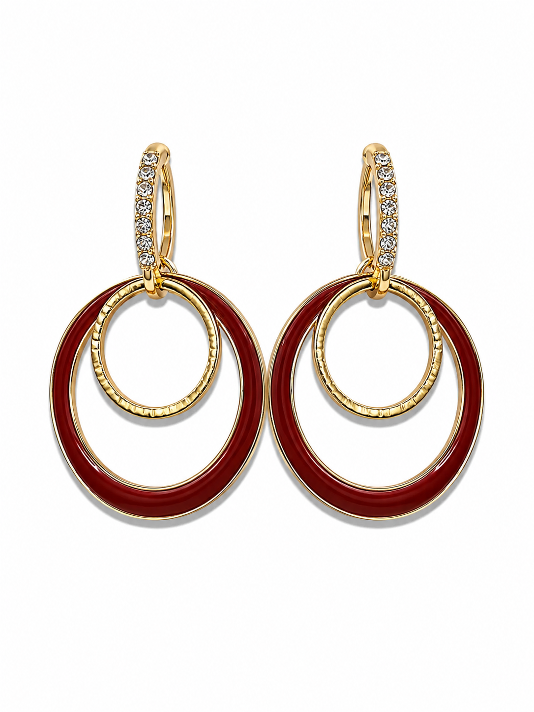 Jessica Simpson Burgundy Enamel &amp; Gold Crystal Double Hoop Drop Earrings